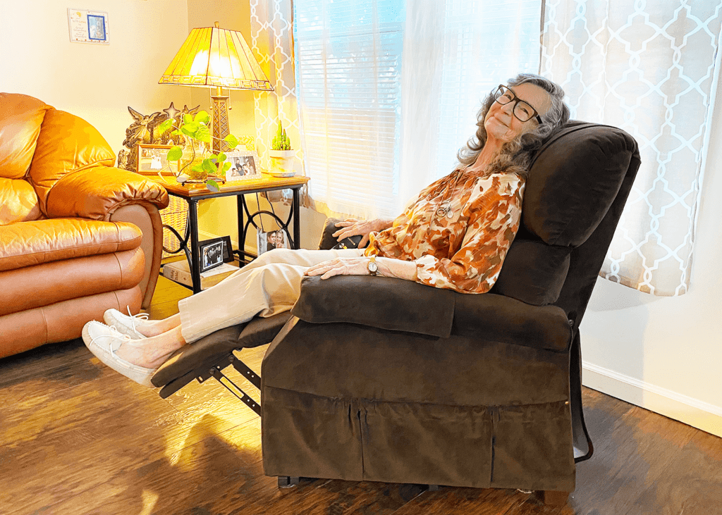 Joan Garrison in an UltraComfort America Power Lift Chair Recliner To Help Relieve Arthritis